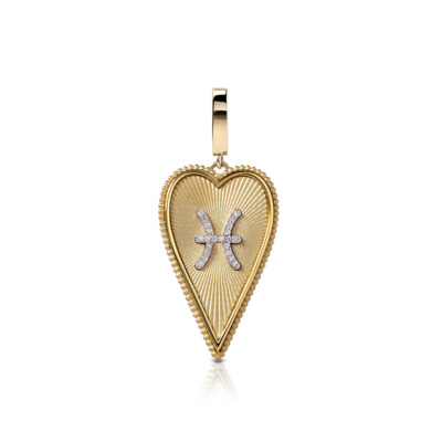 Gold elongated heart-shaped pendant featuring the Pisces zodiac sign in silver.