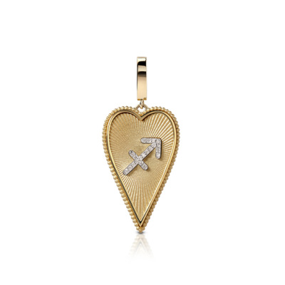 Gold elongated heart pendant featuring the Sagittarius zodiac sign and decorative elements.