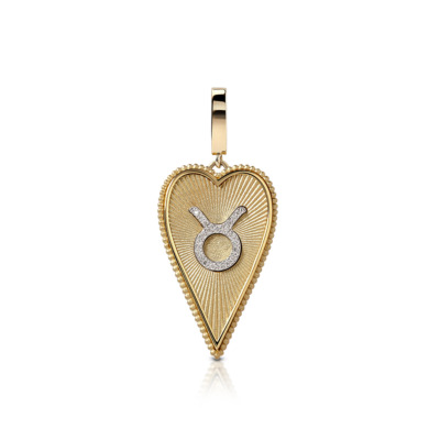 Elongated heart-shaped pendant featuring the Taurus zodiac sign in gold and silver tones.