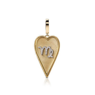 Gold elongated heart pendant featuring the Virgo zodiac sign in silver detailing.