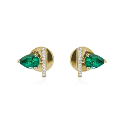 Pair of gold stud earrings featuring emerald stones and diamond accents.