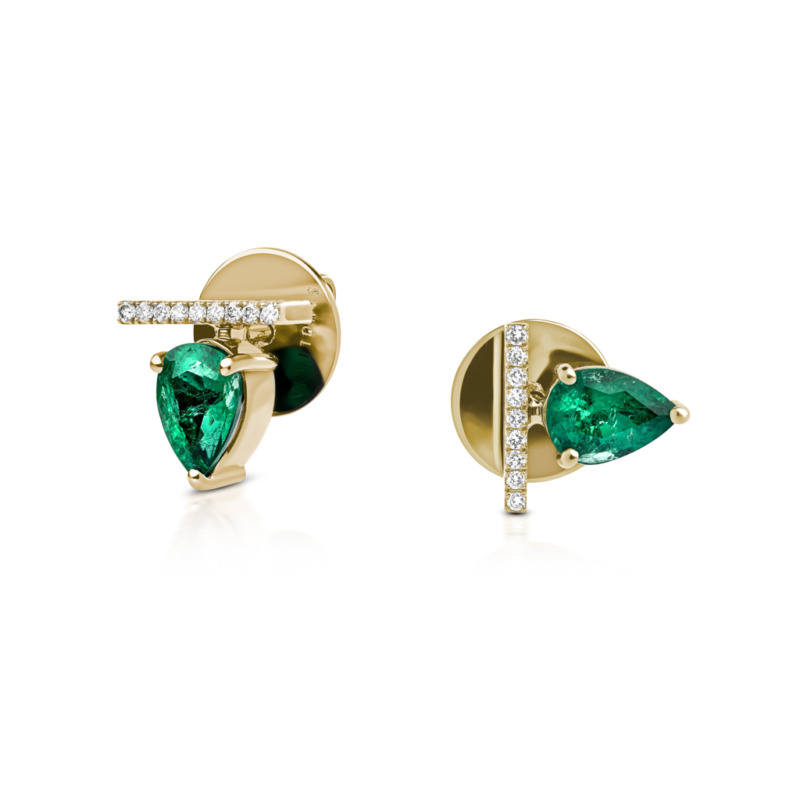 Pair of stud earrings featuring emerald gemstones and gold accents.
