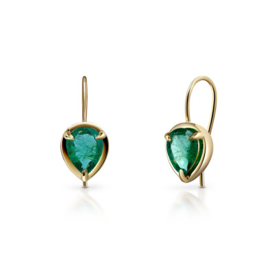 Gold hook earrings featuring pear-shaped green gemstones in a prong setting.
