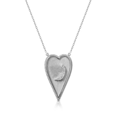 Silver heart-shaped pendant necklace featuring a crescent moon design and textured surface.