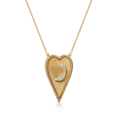 Gold heart-shaped pendant necklace featuring a diamond accent in the center.
