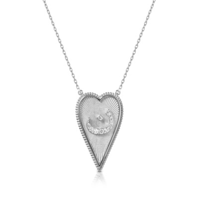 Silver heart-shaped pendant necklace featuring a diamond accent in the center.
