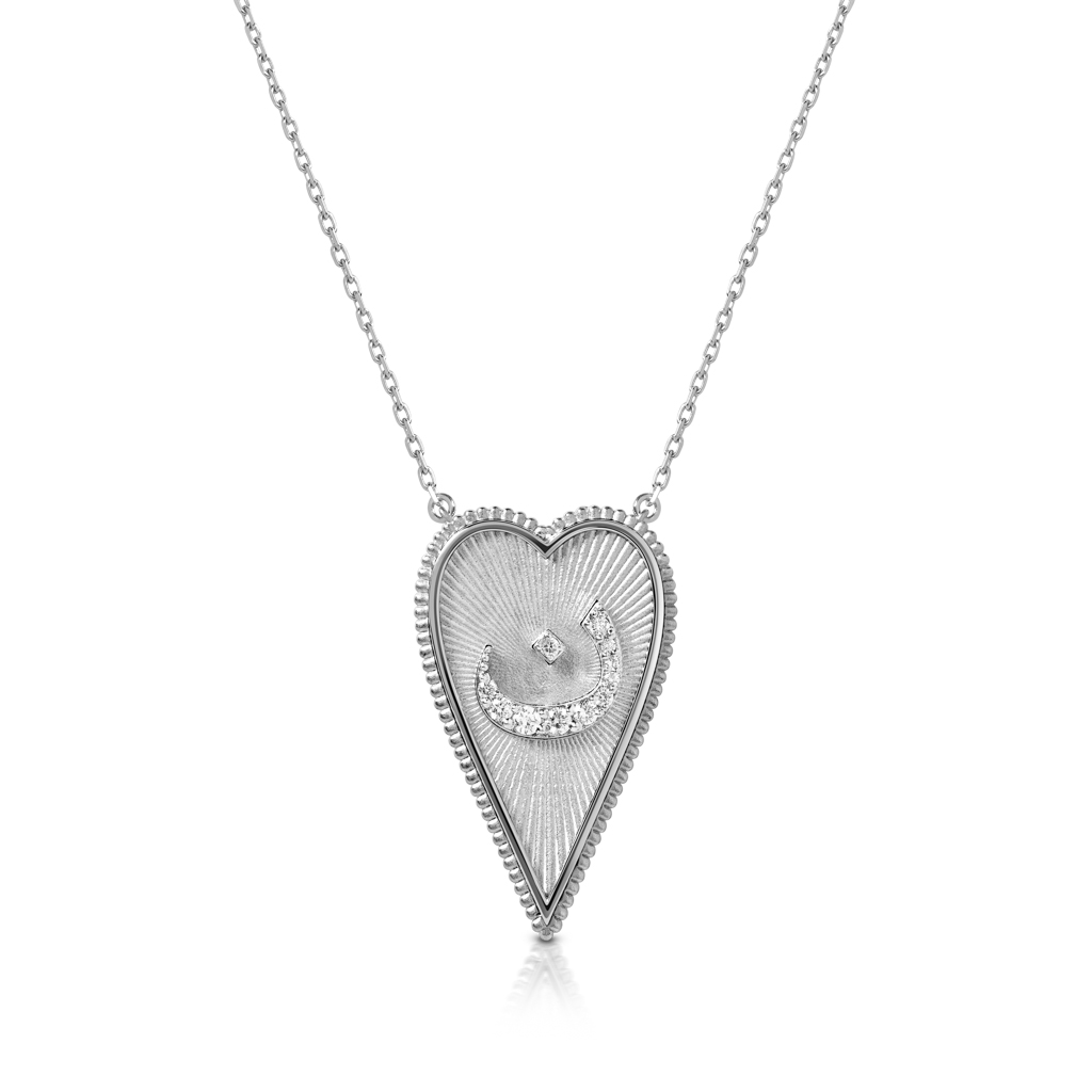 Silver heart-shaped pendant necklace featuring a diamond accent in the center.