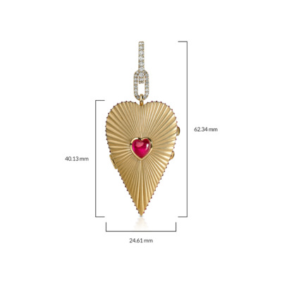 Elongated heart-shaped locket with a ruby center and decorative ribbed design.