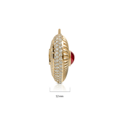 Gold charm featuring a red stone and diamond accents, measuring 12 mm in width.