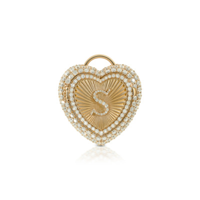 Gold heart-shaped love locket adorned with crystals and featuring an engraved letter 'S'.