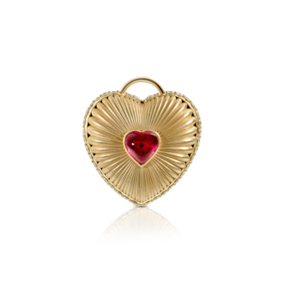 Gold heart-shaped love locket featuring a red center and decorative detailing.