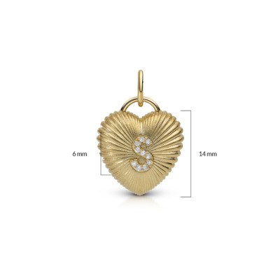 Gold heart-shaped charm with fluted design and diamond embellishment, measuring 6 mm by 14 mm.