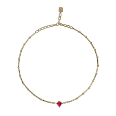 Gold choker necklace with a ruby gemstone pendant and a delicate chain design.