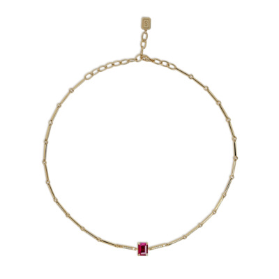 Slim choker necklace featuring a rectangular ruby gemstone set in yellow gold chain.