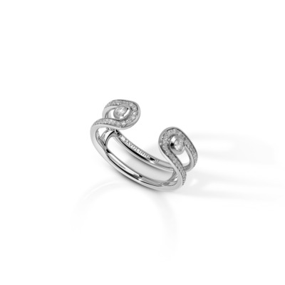 Forme Arc Ring in white gold with diamond pave detailing, featuring a sculptural double-arc design and a center diamond accent.