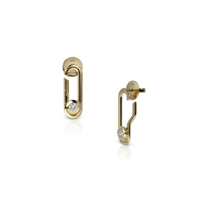 Forme Loop Earrings in 18k polished yellow gold with a single diamond set at the bottom, 25mm length, from Savolinna Jewelry’s Forme collection