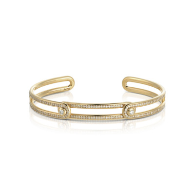 Forme Beam Cuff Slim Model in 18k gold featuring pavé diamonds along dual open bands and two diamond-set points, from Savolinna Jewelry