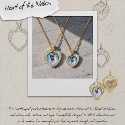 18k gold heart-shaped pendant with diamond pavé surrounding a portrait, two sizes available, inspired by Sheikh Mohamed bin Zayed Al Nahyan, by Savolinna Jewelry