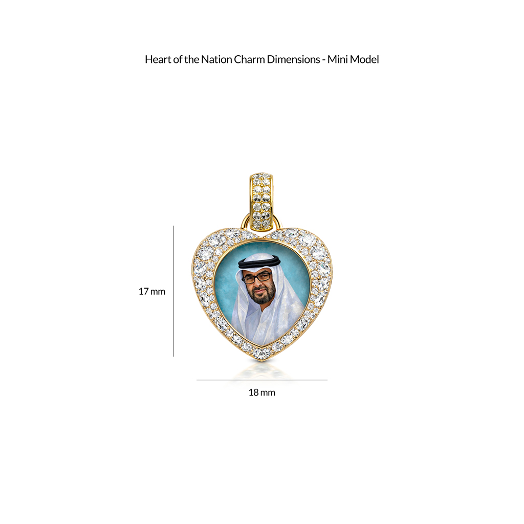 Heart of the Nation gold heart pendant with diamond pavé surrounding a portrait of Mohamed bin Zayed Al Nahyan, a miniature model in 18k gold